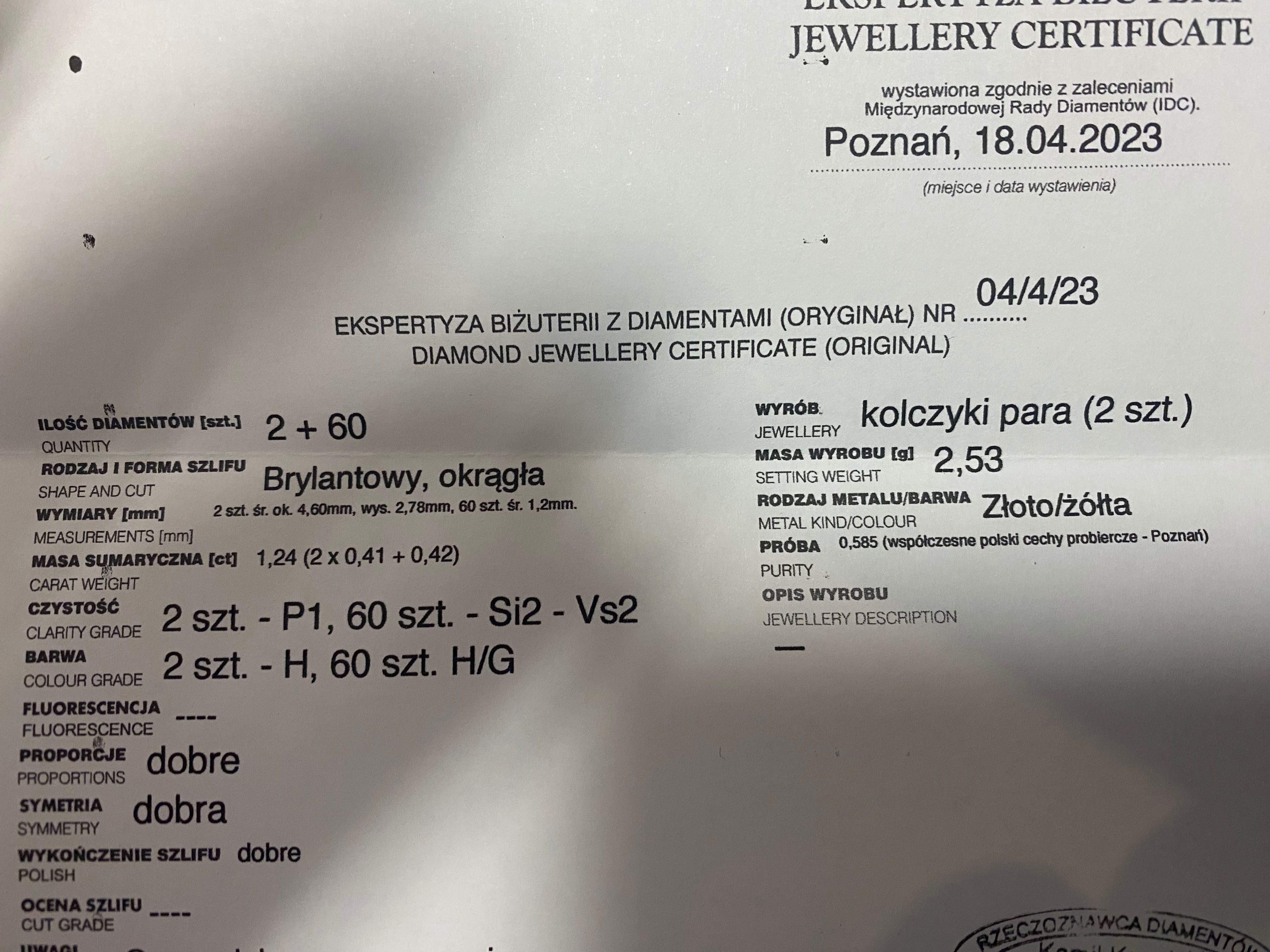 Nowe Kolczyki z diamentami 1,24ct certyfikat!