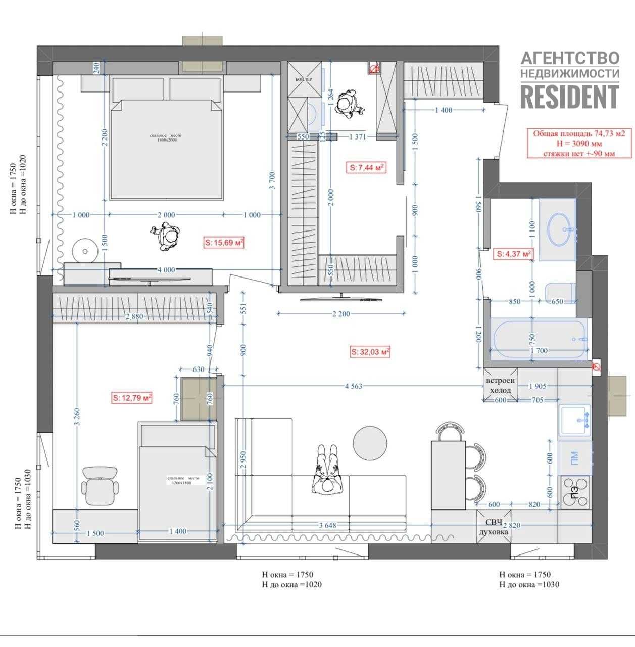 ЖК Екатеринославский 74м2 Моцарт Небо Loft Новодворянский IQ House К12