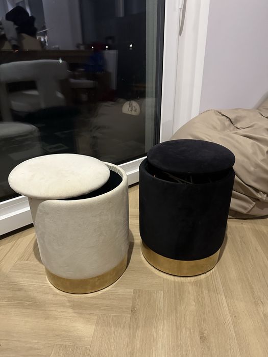 2 pufy ze schowkiem welurowe kremowa i czarna