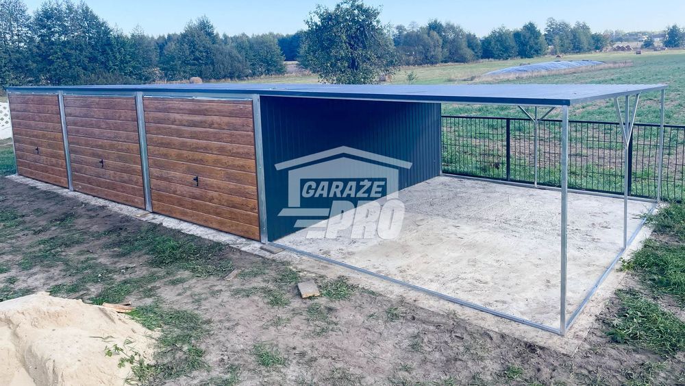 Garaż blaszany 9x6 + wiata 3x6 antracyt + jasny orzech   GP226
