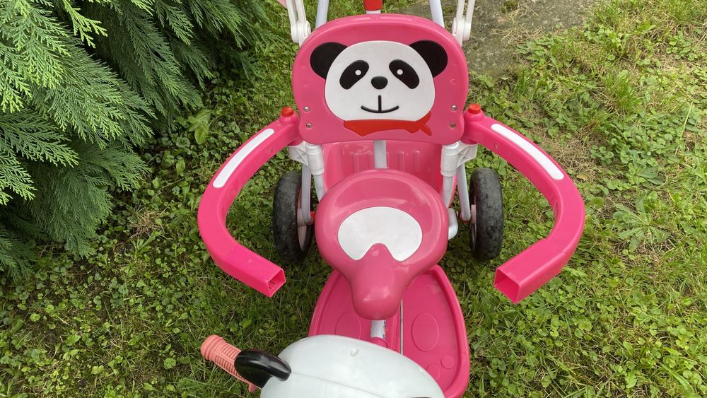 Rower trójkołowy różowy, pchacz panda