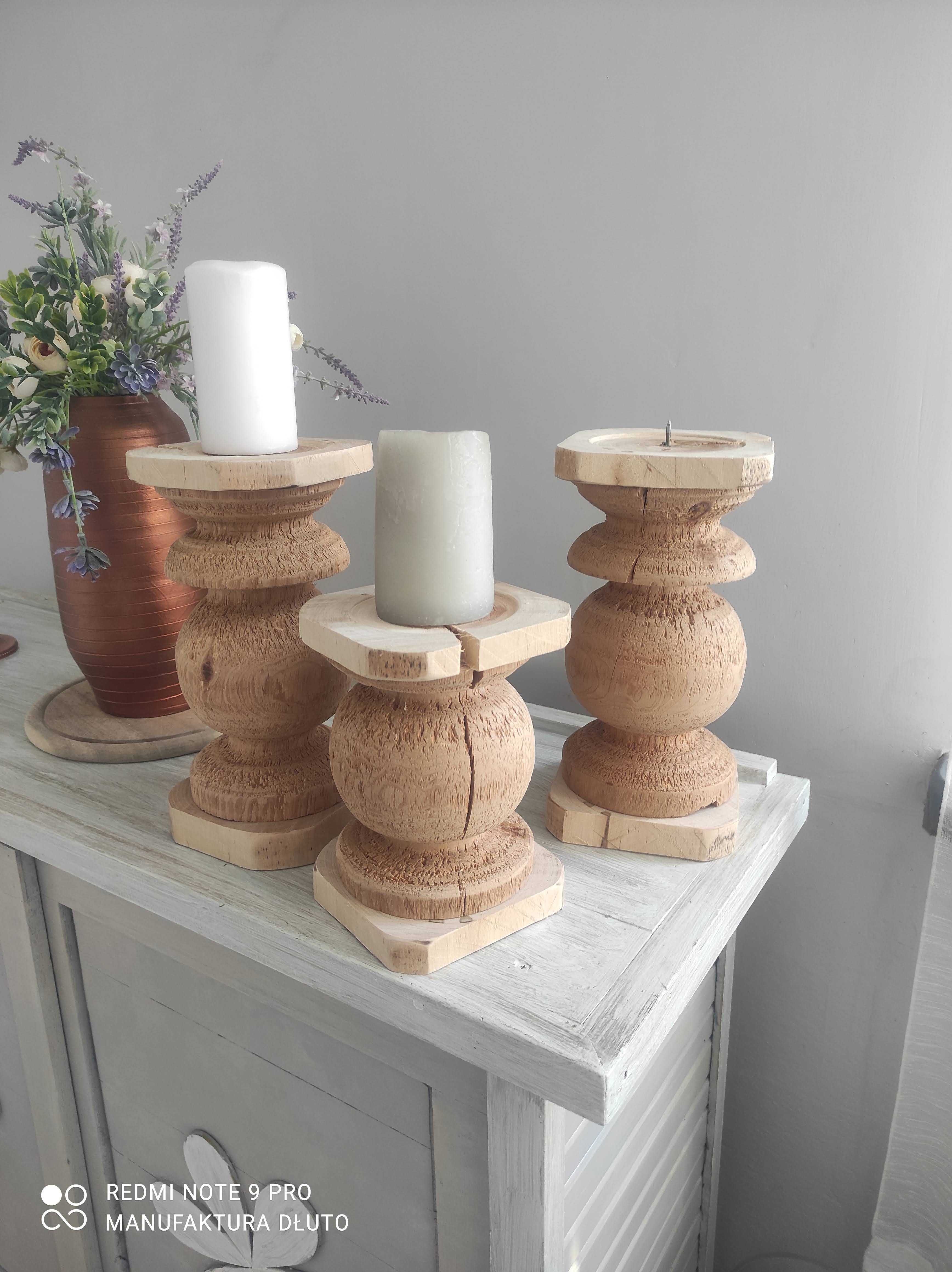 Świeczniki vintage drewniane toczone ręcznie rustykalny styl