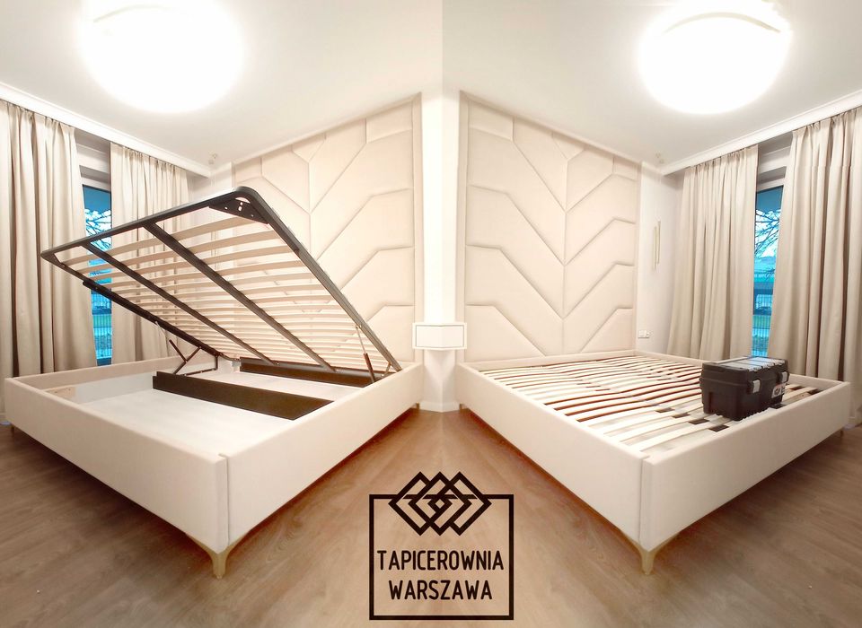 Łóżko tapicerowane montaż panele wnęki zabudowa sypialnia Tapicer