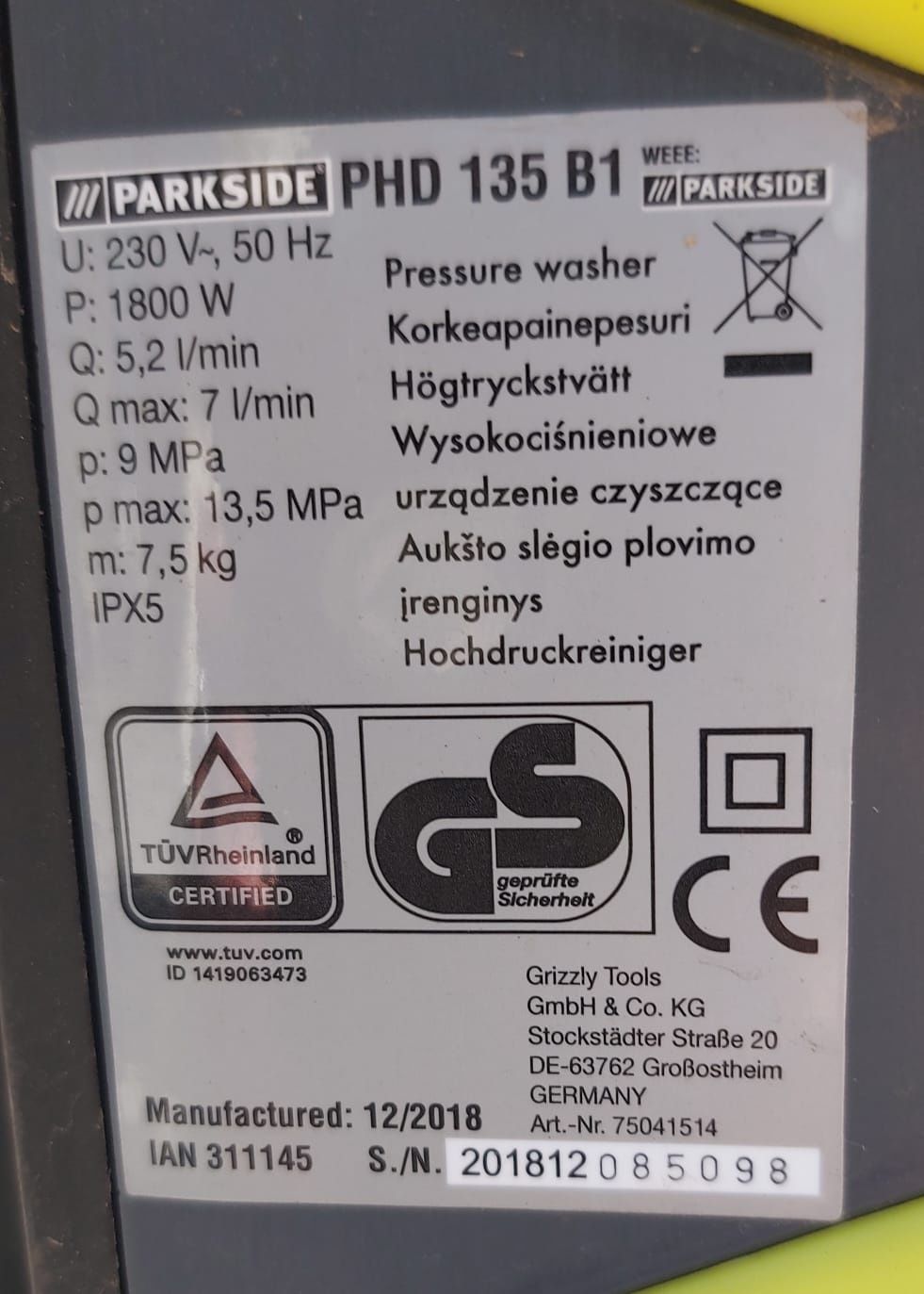 Myjka ciśnieniowa PARKSIDE PHD 135 B1 1800W