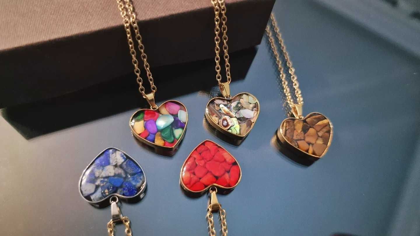 Fio colar necklace heart coração pedras naturais e aço inoxidável