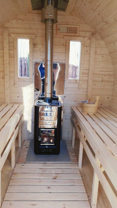 Sauna Beczka Ogrodowa 400cm z Piecem Harvia M3 LED Sauny z Drewna