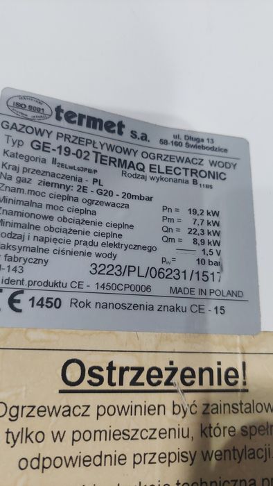 Szyld z pokrętłami do piecyka gazowego TERMET GE-19-02 TERMAQ