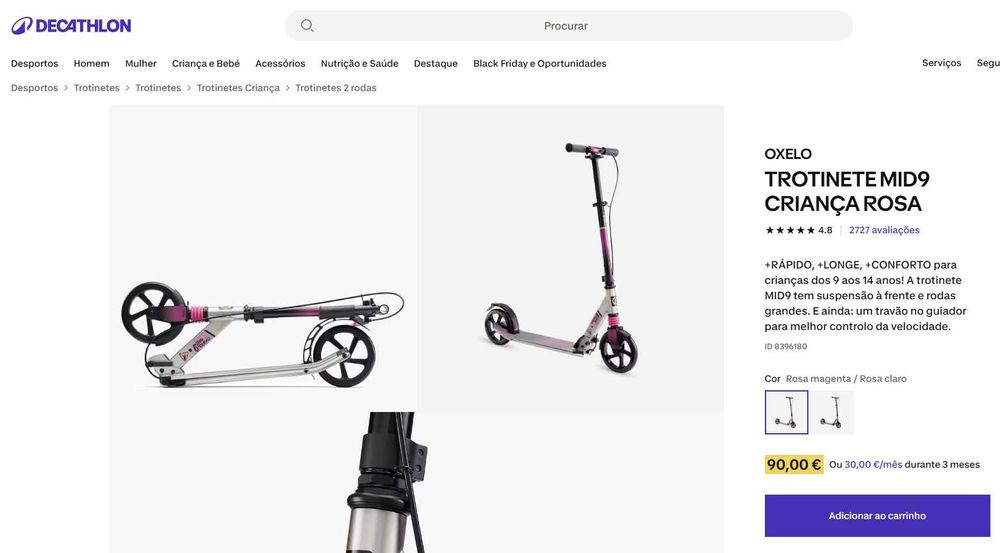 DECHATLON OXELO TROTINETE MID9 CRIANÇA ROSA **como nova**