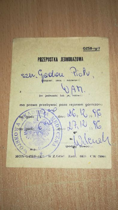 Stara wojskowa przepustka PJ wam