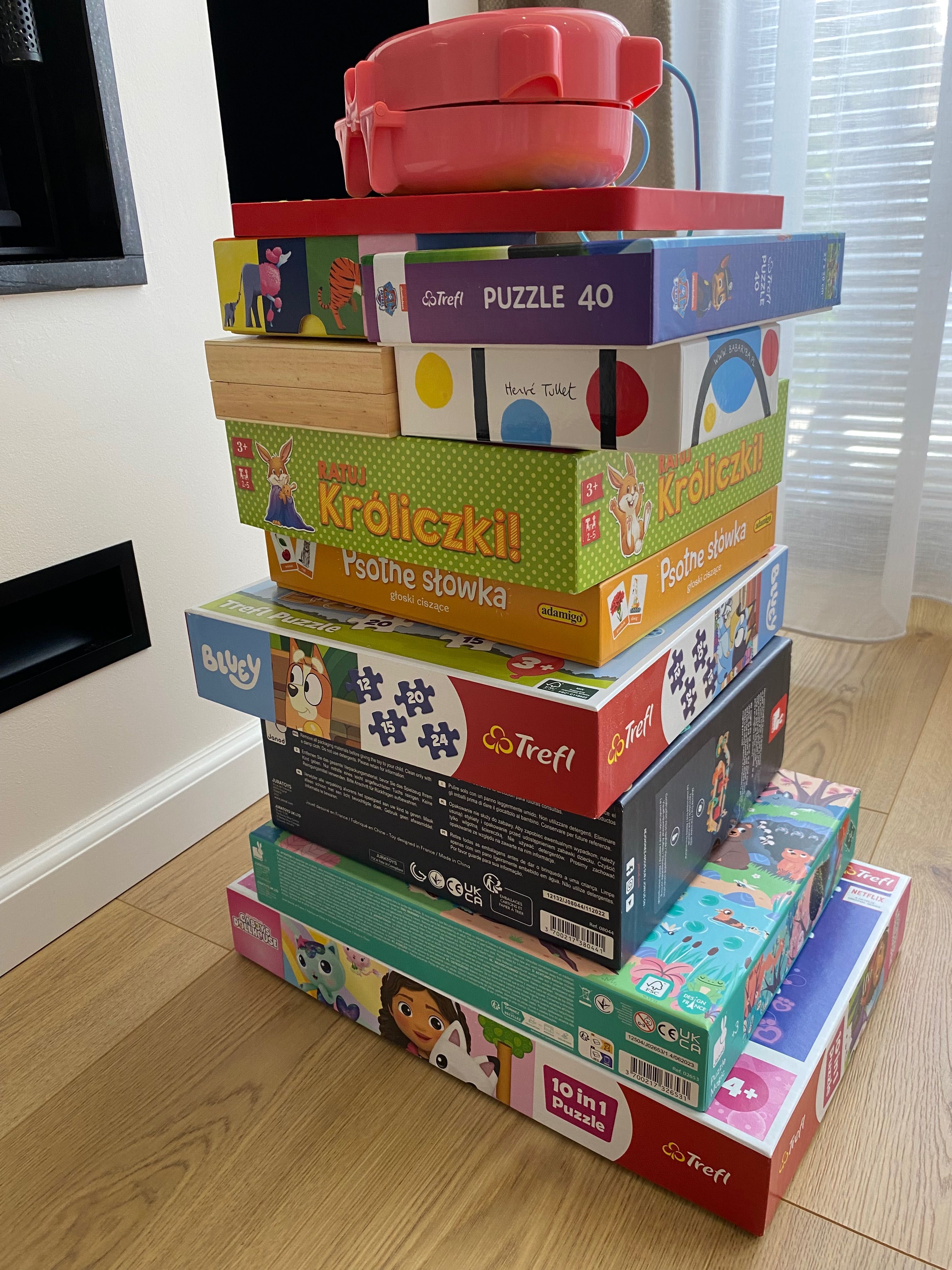 Zestaw Janod kulodrom, puzzle Janod, Trefl, Viga, polly pocket i inne