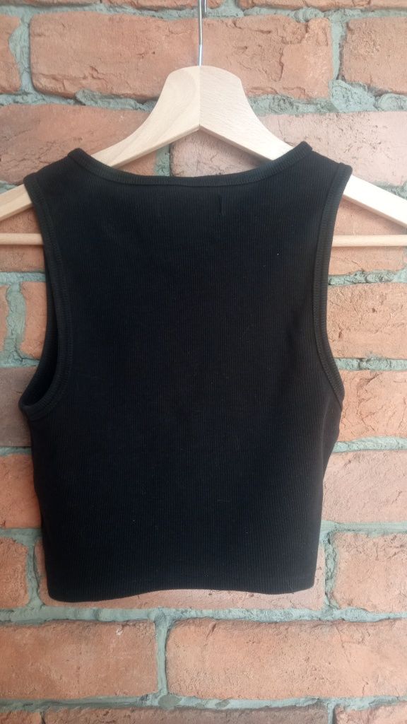 Czarny bawełniany prążkowany Crop top koszulka o krótszym kroju Bershk
