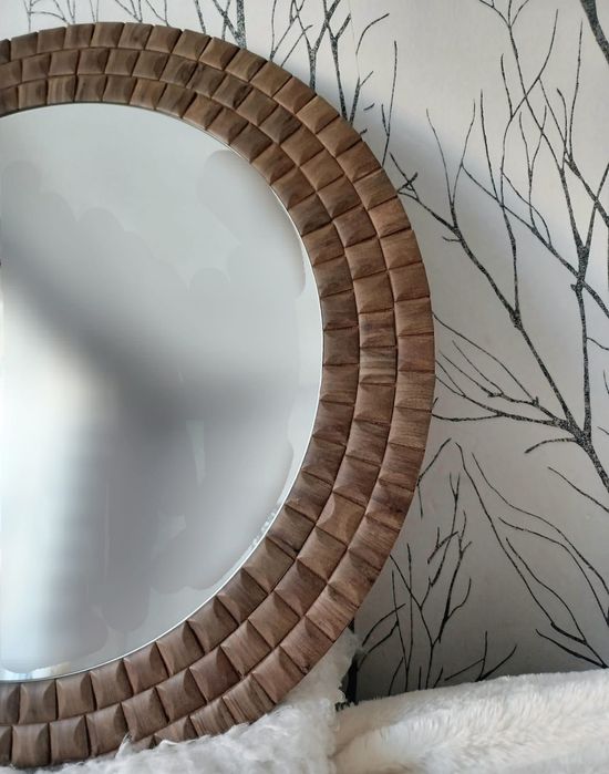 Lustro  okrągłe, drewniana rama.japandi boho Nowość