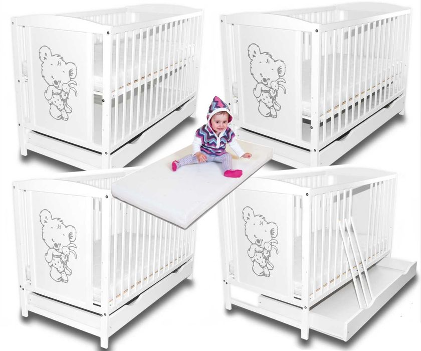 Łóżeczko dziecięce Bajka Miś biała z szufladą + materac piankowy 9cm