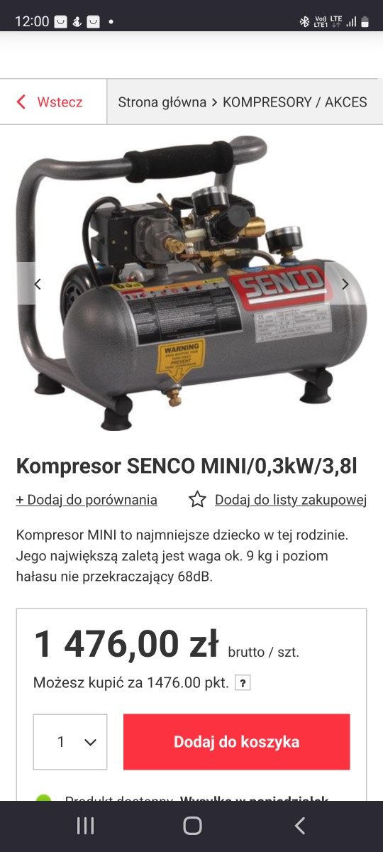 Kompresor sprężarka bezolejowa SENCO MINI o mocy 0,375KW i pojemności