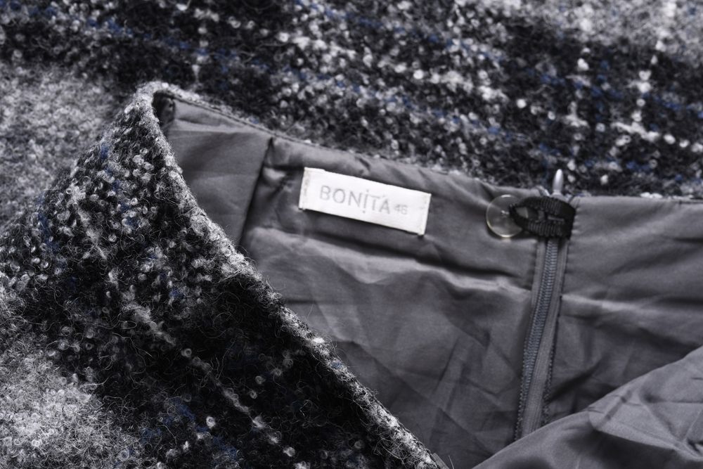 BONITA ciepła szara spódniczka midi w kratkę wełna alpaka r. 46