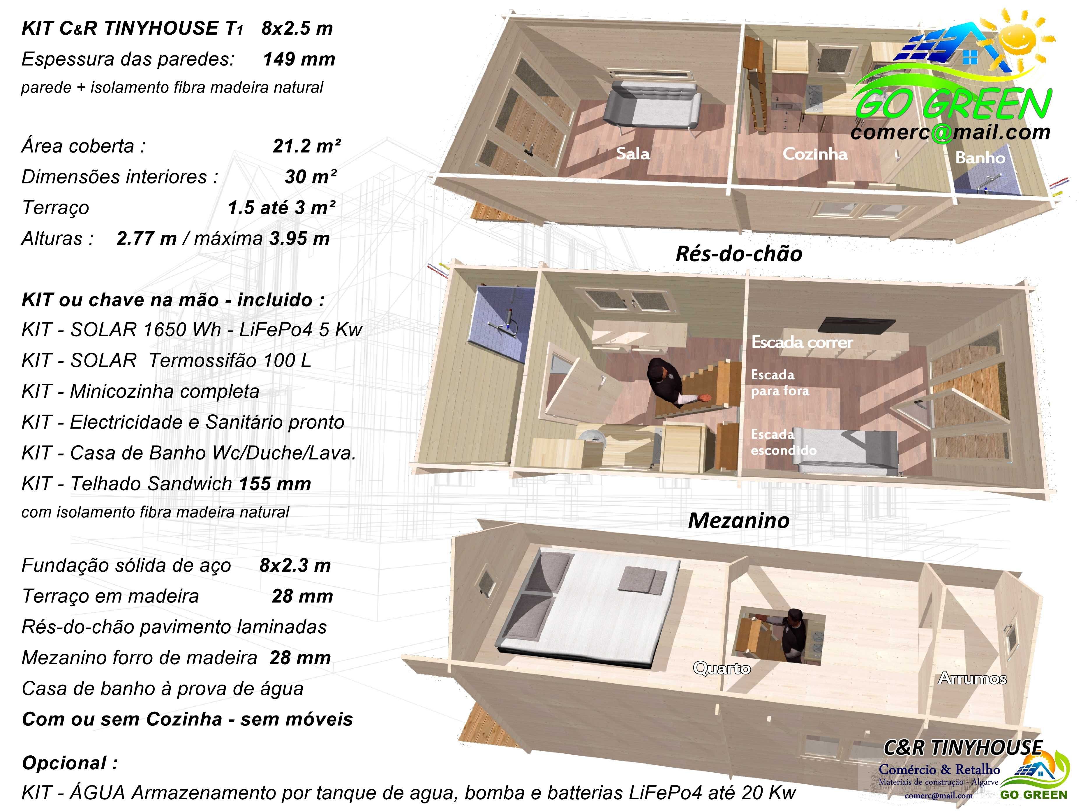 TINY HOUSE C&R Modelo 1 T1 30m² Mezanino PV Solar KIT  Casa de madeira