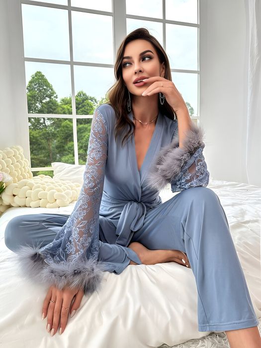 Домашній костюм з ажурними рукавами, брючна жіноча піжама на запах