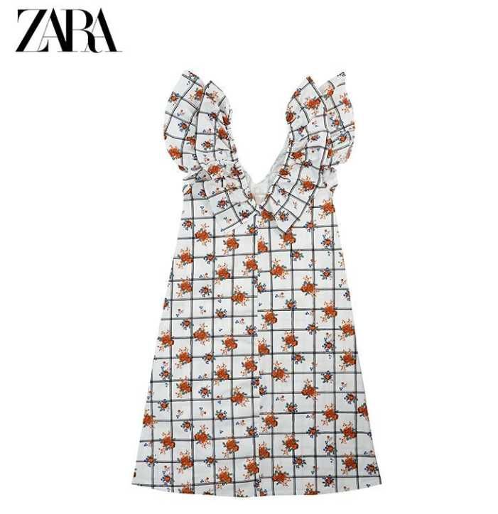 ZARA krótka sukienka z nadrukiem i falbankami francuskimi.