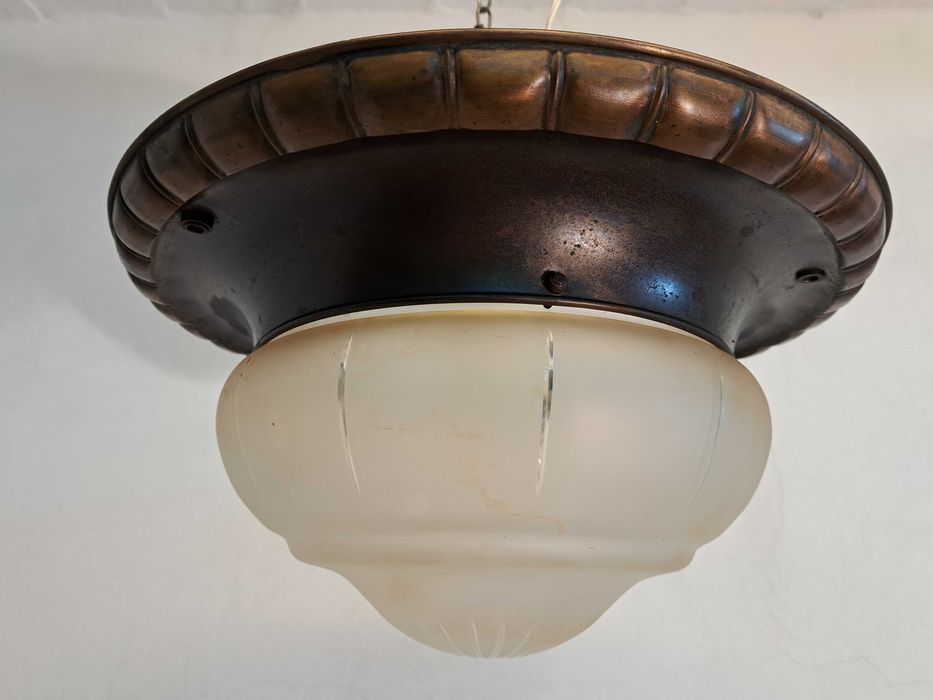 Plafon mosiężny art deco secesja szklany klosz grawerowany ampla lampa