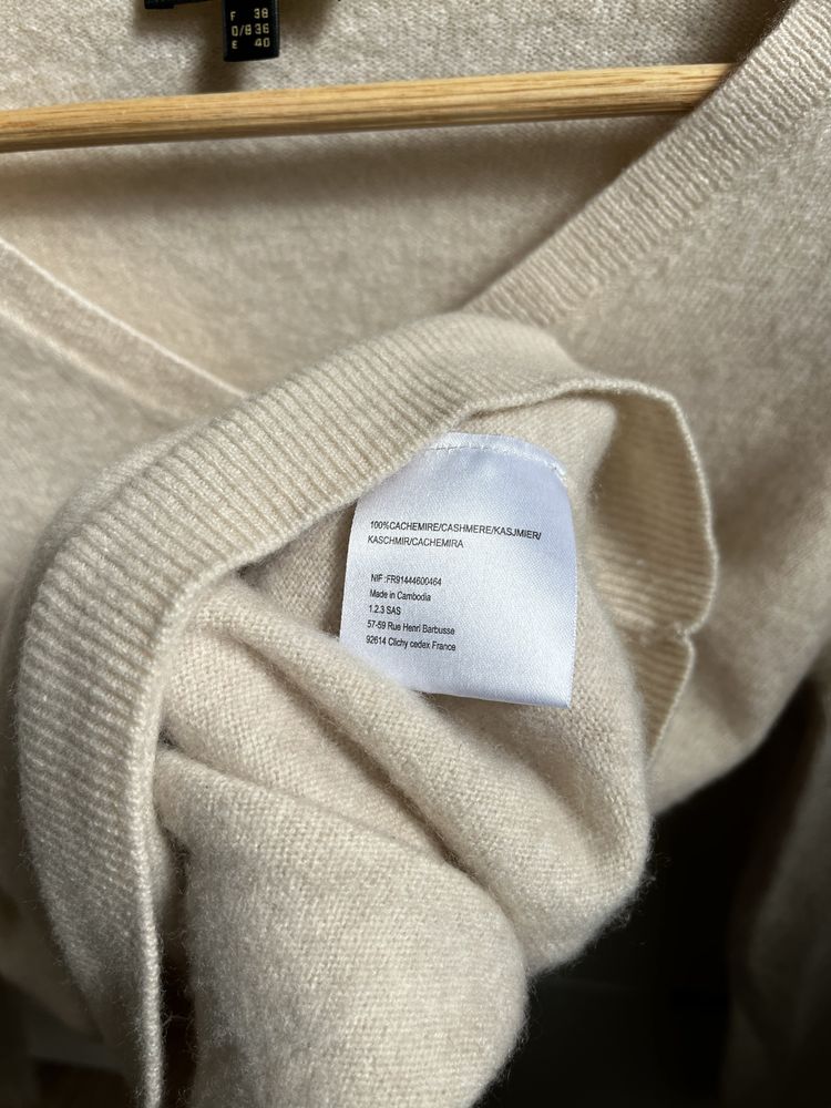 100% kaszmir kaszmirowy sweter w serek bezowy S 1 2 3 Paris