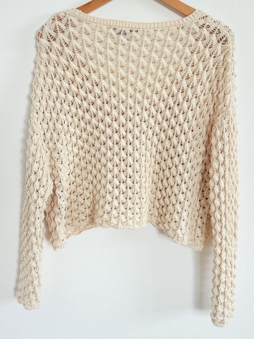 Sweter Zara haftowany kremowy dziergany retro boho elegancki kardigan