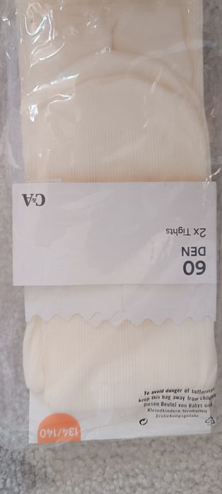 Rajstopy nowe r. 134/140, C&A, 60 DEN, kremowe z tłoczeniem