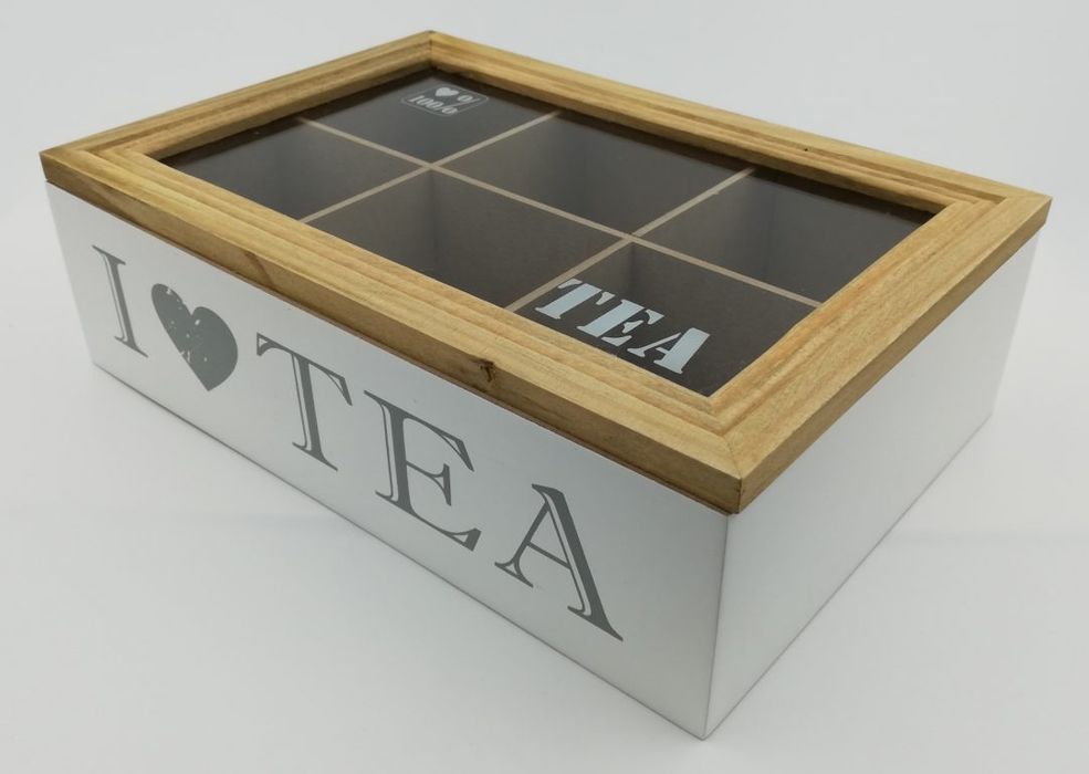 Nowa Drewniana Skrzyneczka pudełko na herbatę 6 przegródek organizer