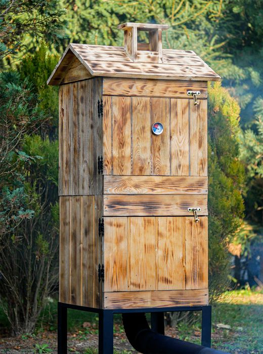 Wędzarnia drewniana ogrodowa podwójna opalana, komplet wędzarniczy.