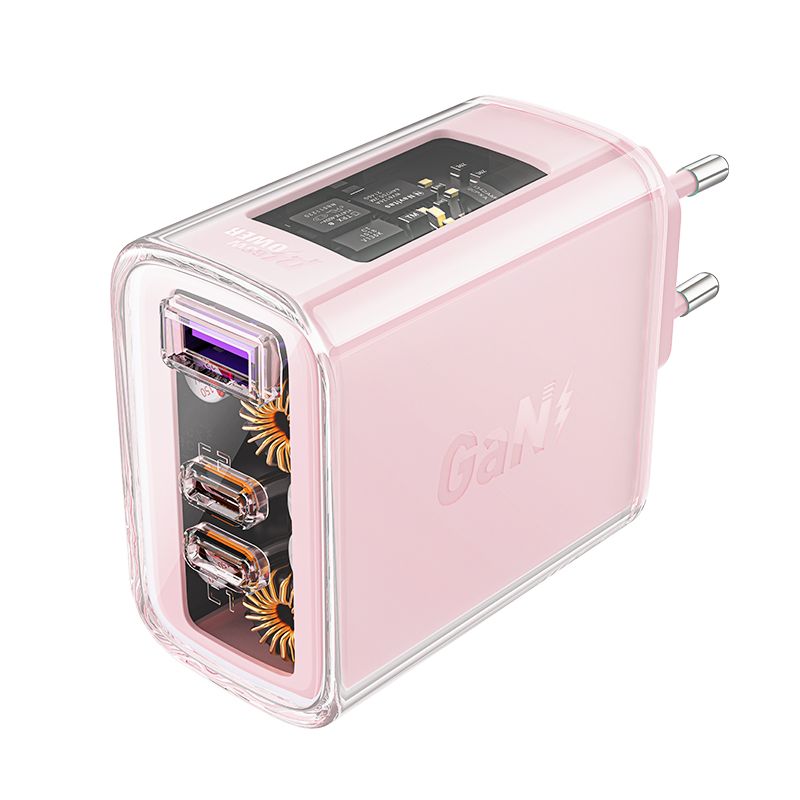 ładowarka sieciowa gan 65w 3 porty 1x usb 2x usb-c różowa
