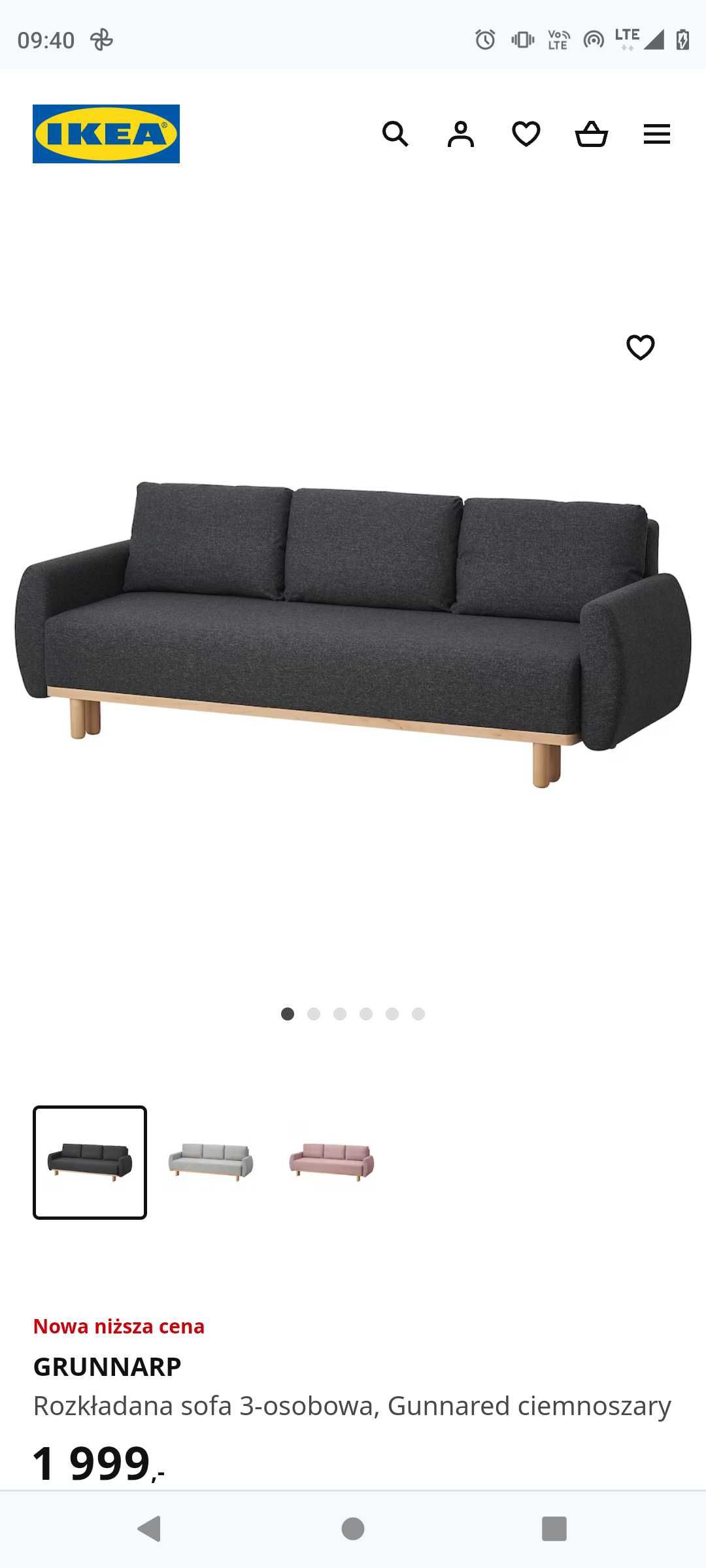 NOWA !!! IKEA GRUNNARP Rozkładana sofa 3-osobowa, Gunnared ciemnoszary