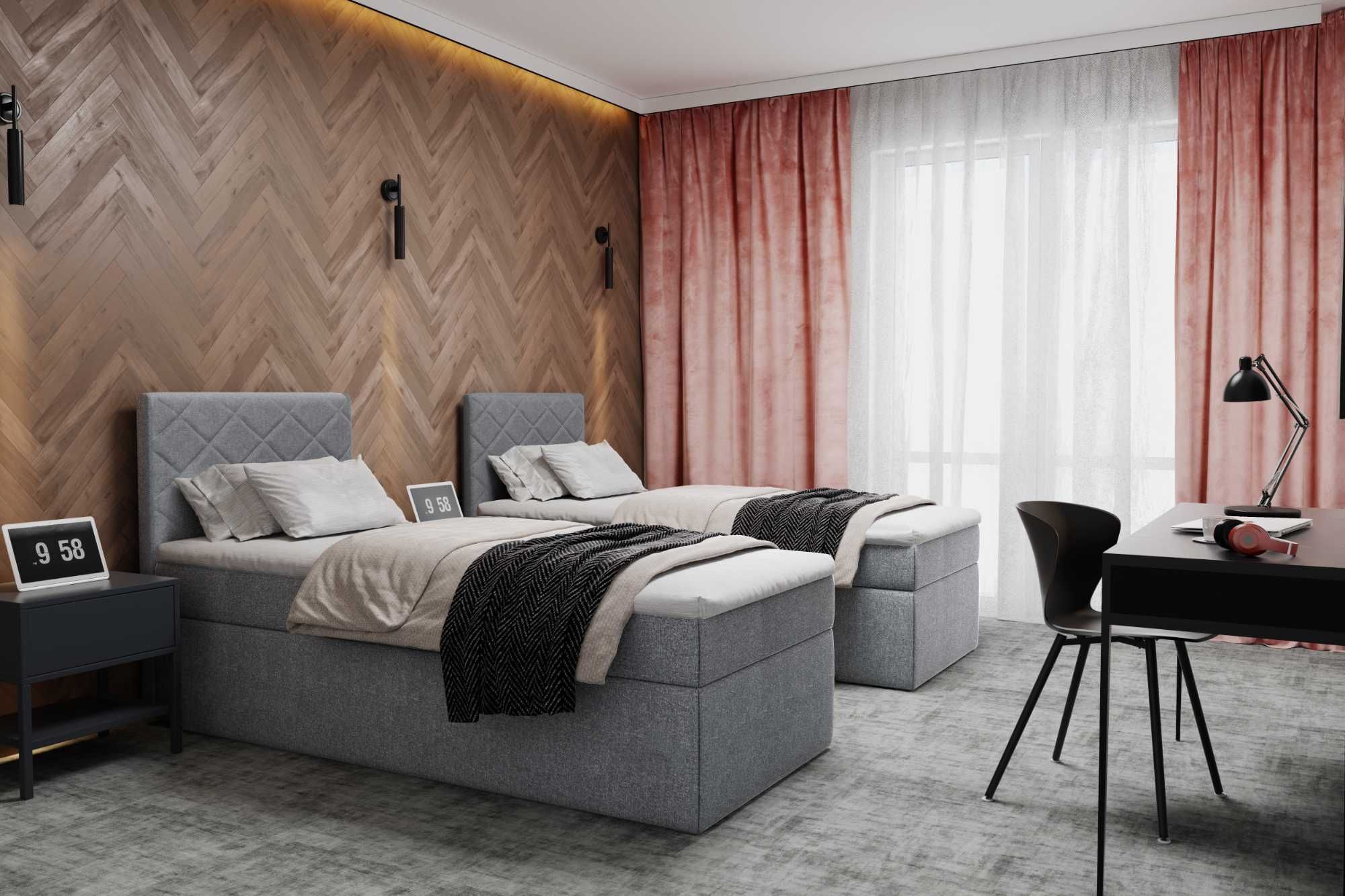Tapicerowane łóżko hotelowe z ozdobnym, wysokim wezgłowiem 90x200 cm