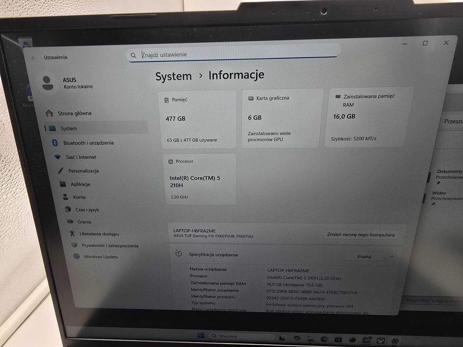 Laptop Asus TUF Gaming F16 CORE 5 210H 144HZ 16GB 512SSD RTX4050  W11