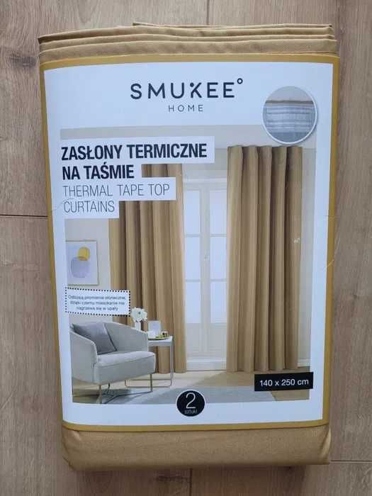 NOWE zasłony termiczne na taśmie Smukee zaciemniające blackout musztar