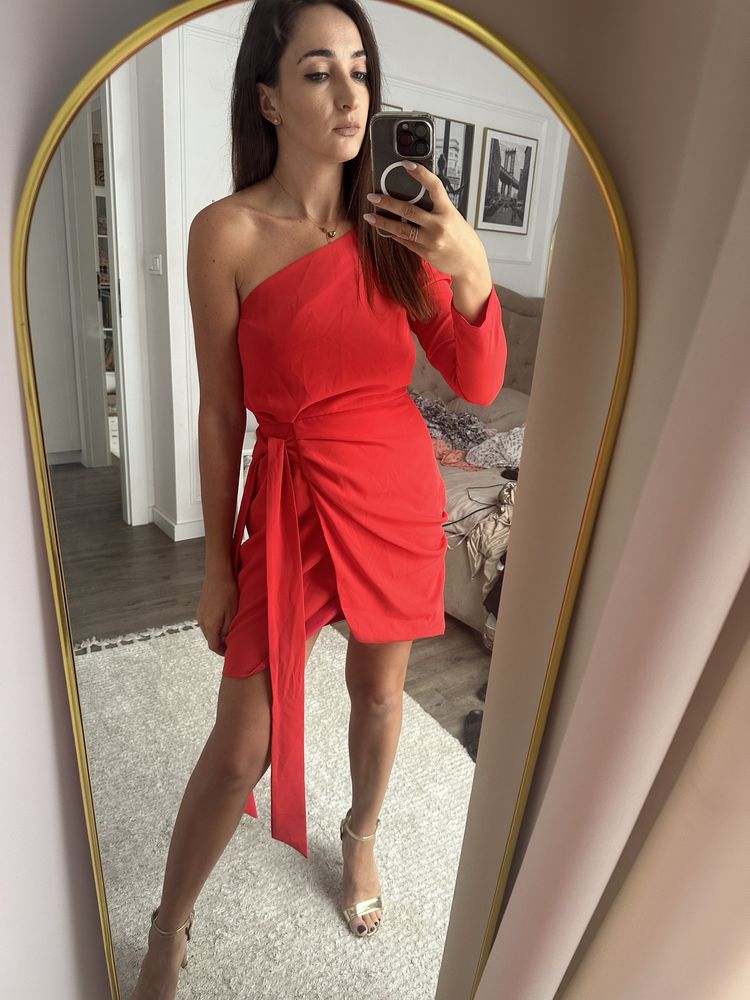 Czerwona asymetryczna sukienka 36 chicaca wesele wiazanie