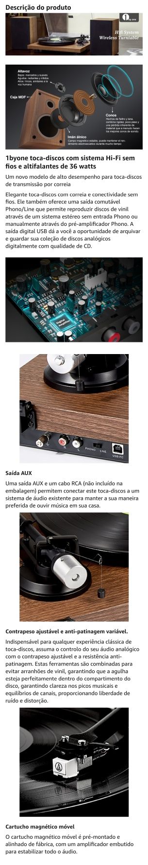 Giradiscos 1byone com Sistema Hi-Fi bluetooth e Altifalantes 36W