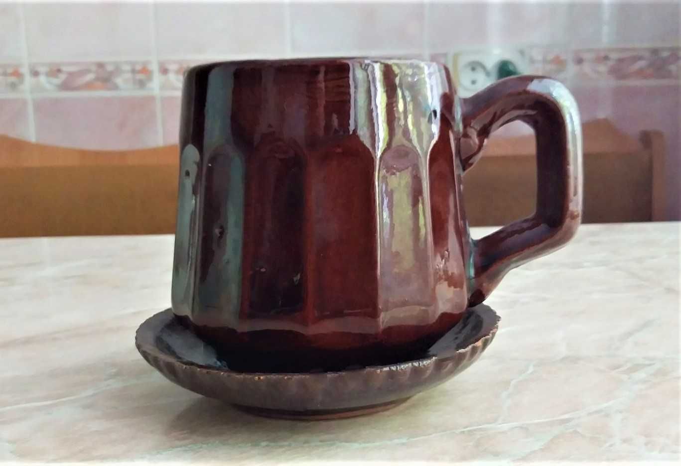 Чашка глиняная с блюдцем