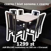 Nowe STÓŁ 80x140/180 z 6 krzesłami , czarny/sonoma + czarny ,dostawaPL