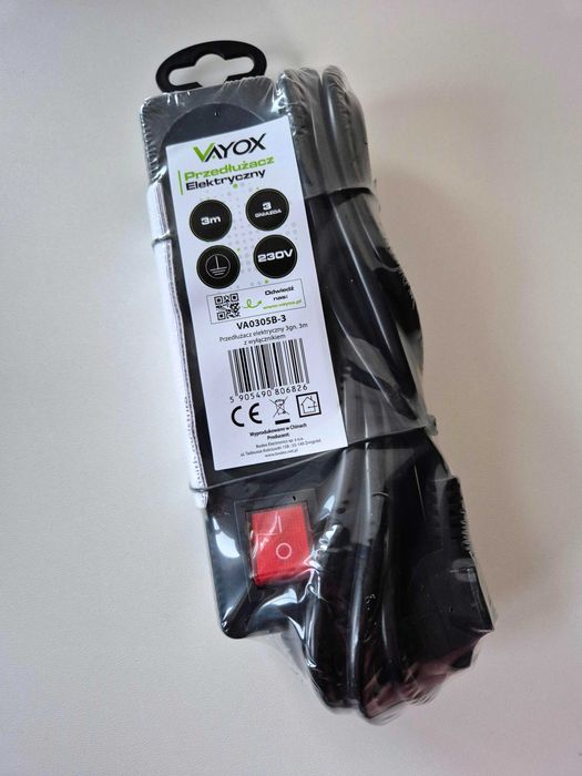 Przedłużacz elektryczny 3 gniazda, 3 m, z wyłącznikiem – NOWY
