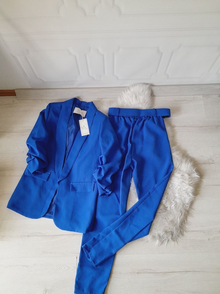 Piękny kobaltowym garnitur damski elegancki spodnie w kant SM