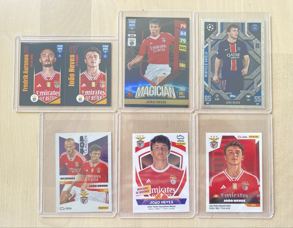 4 Cromos + 2 Cartas João Neves SLB Benfica e PSG Panini Topps