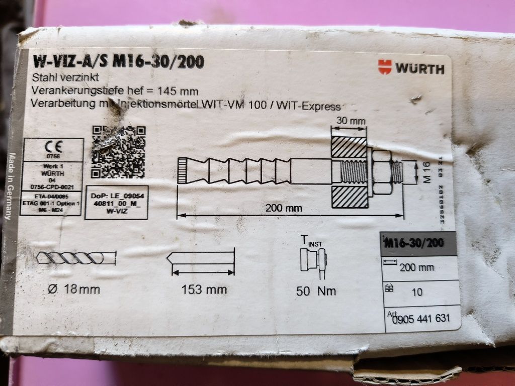 WURTH Kotwa do iniekcji W-VIZ-A/S M16 50sztuk