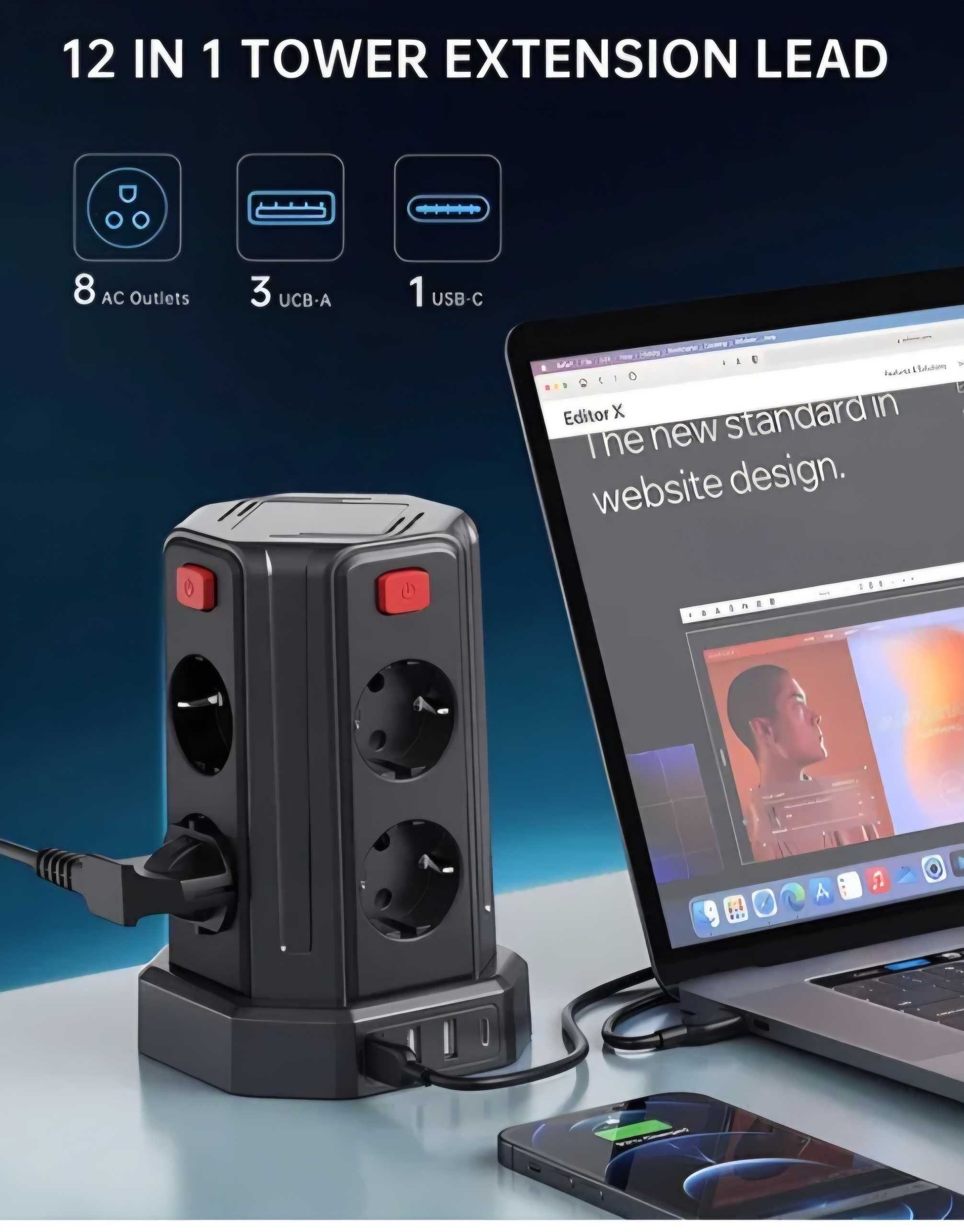 Przedłużacz pionowy wieża 12w1 8 gniazdek 3 x USB-A 1 x USB-C 3m 2500W