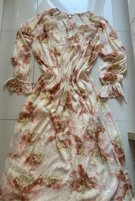 Sukienka maxi H&M w kwiaty rozmiar M beżowo-brązowa halka