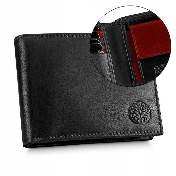 Skórzany Portfel Męski Betlewski HARRY RFID Slim Czarny Logo