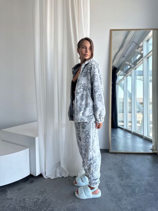 Женская махровая пижама зимняя кофта и штаны с принтом S-XXL свободная