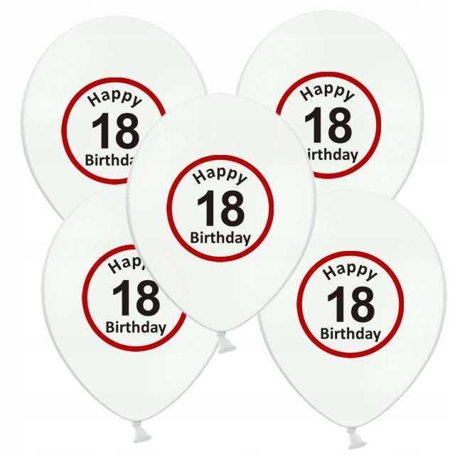 Balony urodzinowe z napisem " Happy Brithday 18 " białe 5 sztuk