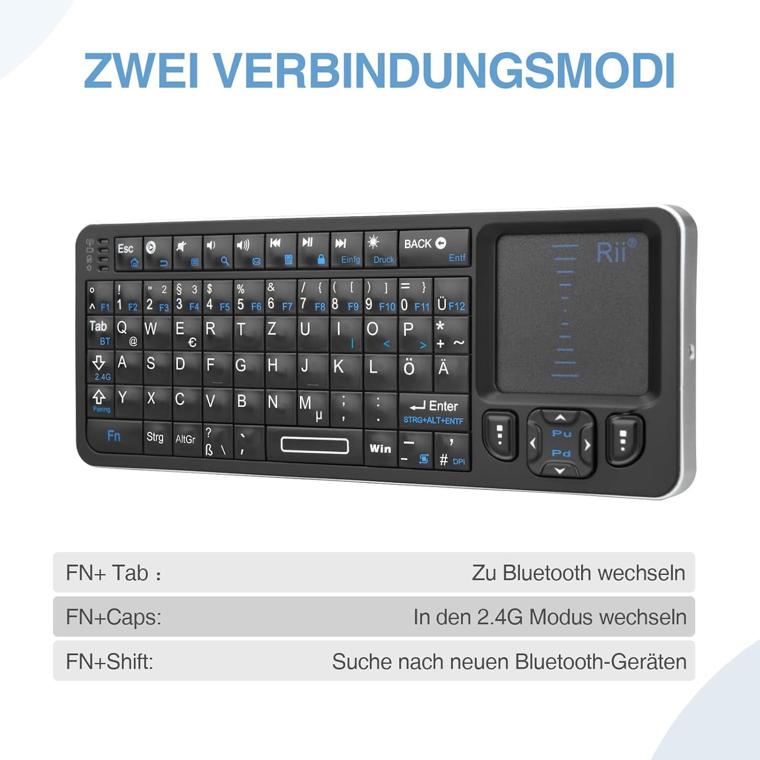 Klawiatura Rii Mini Bluetooth z touchpadem, układ niemiecki