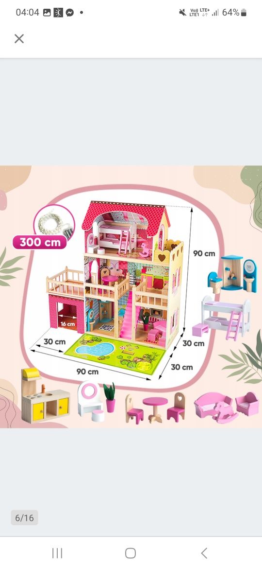 Drewniany domek dla lalek z garażem XXL ŚWIATŁO LED OGRÓD MEBEL