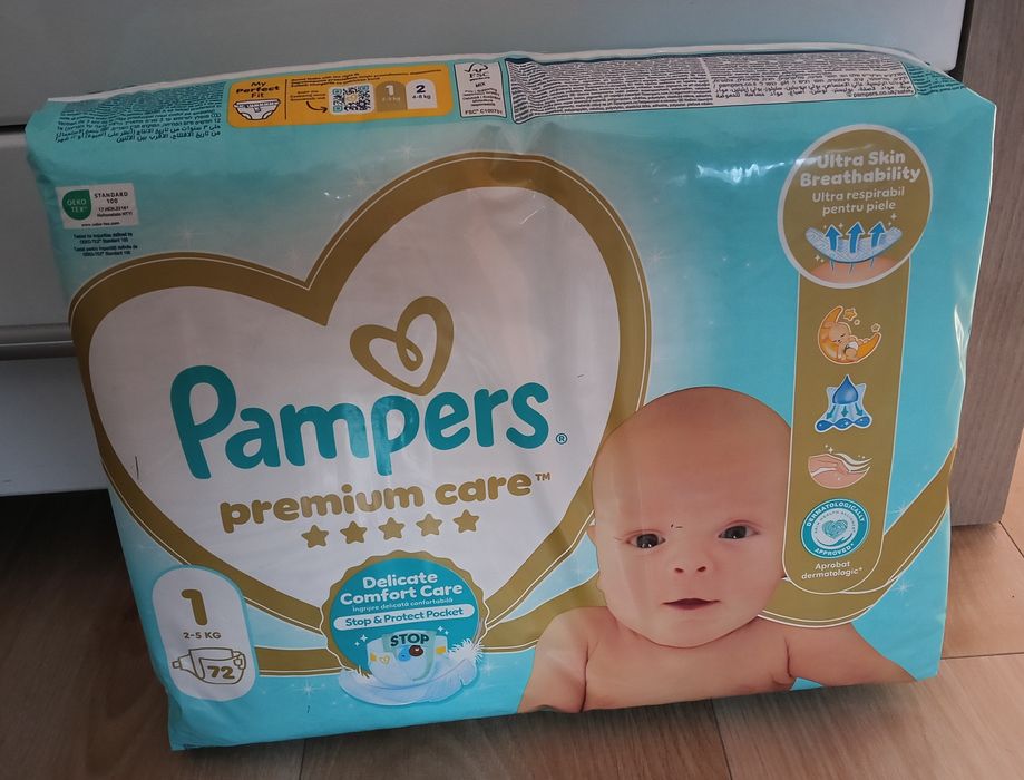 Nowe opakowanie Pampers Premium Care 1, 72sztuki, 2-5kg.