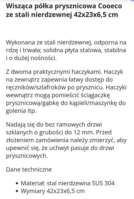 Półka prysznicowa wisząca, bez montażu, ze stali nierdzewnej
